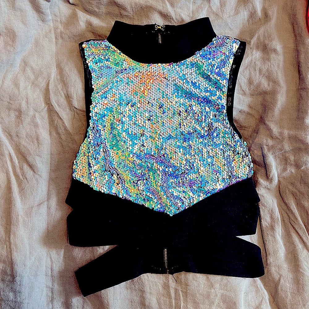 Iridescent Sequin Rave Top with Elastic and mesh back